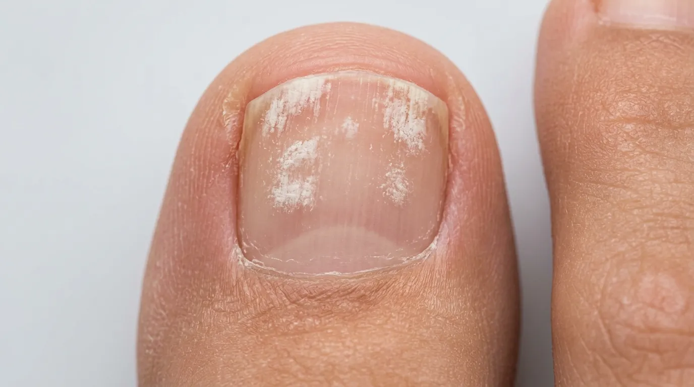 Close-up of white toenail fungus showing powdery white patches and chalky texture on the nail surface