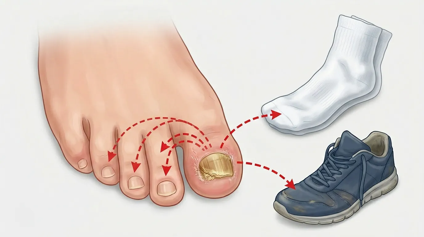 Illustration showing toenail fungus spreading from infected big toenail to neighboring nails through shoes and socks