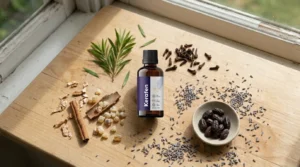 A clean, minimalist editorial flat-lay photography scene for a wellness/ingredient-breakdown blog article. A small amber glass dropper bottle of antifungal oil sits at the center of a light wooden desk, surrounded by a neat arrangement of its raw natural ingredients: a small sprig of fresh tea tree leaves, a few whole cloves, a small piece of camphor bark or resin, a scattering of lavender buds, and a small dish of jojoba beans — each ingredient placed in its own small cluster like a lab specimen layout, shot from a slight top-down angle. Soft, even natural window light. Neutral color palette: cream, soft beige, sage green, warm wood tones. No visible text or logos on the bottle. High-end editorial "ingredient breakdown" photography style, shallow depth of field, soft shadows, clean and scientific-but-natural mood — similar to an essential oil or aromatherapy ingredient-label editorial spread. 1200x628 aspect ratio, horizontal orientation.