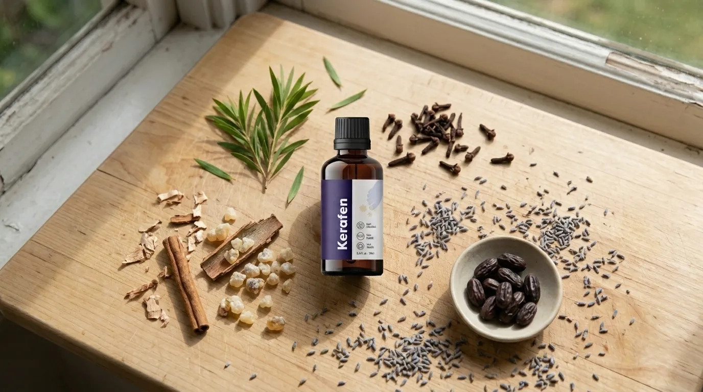 A clean, minimalist editorial flat-lay photography scene for a wellness/ingredient-breakdown blog article. A small amber glass dropper bottle of antifungal oil sits at the center of a light wooden desk, surrounded by a neat arrangement of its raw natural ingredients: a small sprig of fresh tea tree leaves, a few whole cloves, a small piece of camphor bark or resin, a scattering of lavender buds, and a small dish of jojoba beans — each ingredient placed in its own small cluster like a lab specimen layout, shot from a slight top-down angle. Soft, even natural window light. Neutral color palette: cream, soft beige, sage green, warm wood tones. No visible text or logos on the bottle. High-end editorial "ingredient breakdown" photography style, shallow depth of field, soft shadows, clean and scientific-but-natural mood — similar to an essential oil or aromatherapy ingredient-label editorial spread. 1200x628 aspect ratio, horizontal orientation.