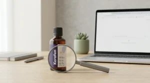 Magnifying glass inspecting a Kerafen antifungal oil bottle, representing an investigation into whether Kerafen is a scam or legitimate toenail fungus product