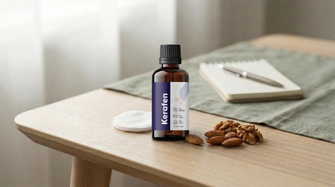 Kerafen antifungal oil bottle beside almonds and walnuts, representing a guide to Kerafen side effects and tree nut allergy safety considerations