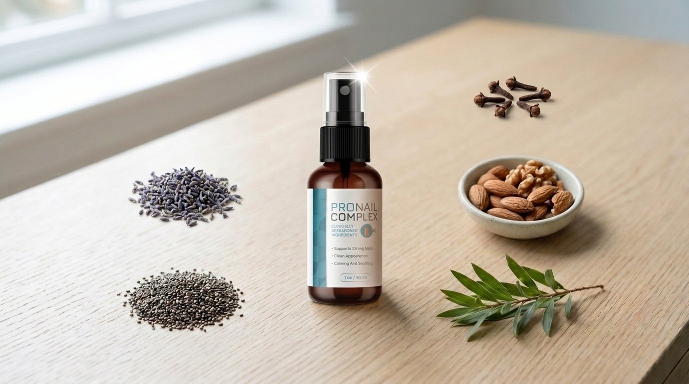 ProNail Complex spray bottle surrounded by its raw natural ingredients including tea tree, clove, and almonds, illustrating a full breakdown of ProNail Complex ingredients