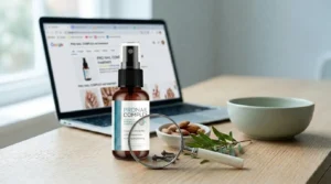 Magnifying glass inspecting a ProNail Complex spray bottle, representing an investigation into whether ProNail Complex is a scam or legitimate toenail fungus product