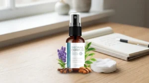 ProNail Complex spray bottle beside almonds and walnuts, representing a guide to ProNail Complex side effects and tree nut allergy safety considerations