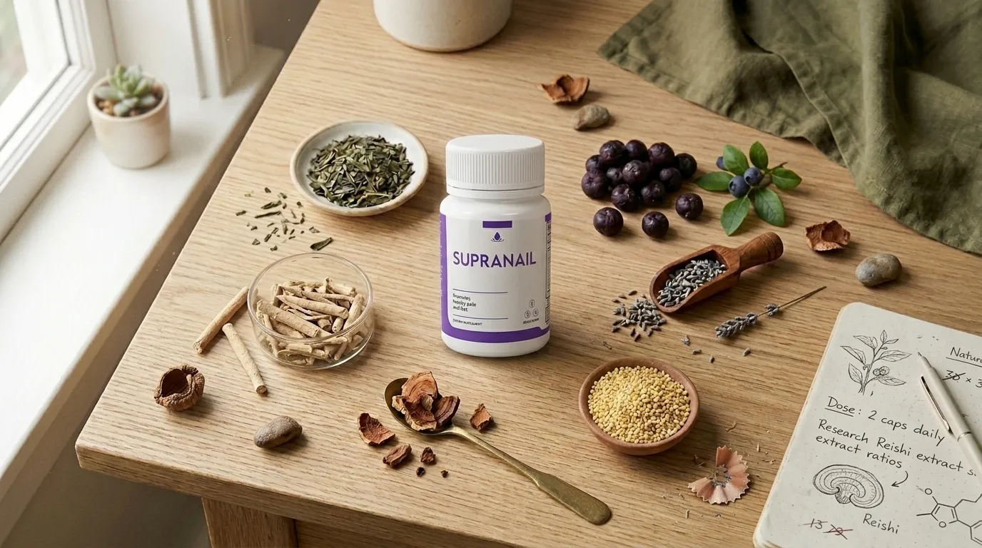 SupraNail supplement bottle surrounded by its raw natural ingredients including green tea, acai berry, and licorice root, illustrating a full breakdown of SupraNail ingredients