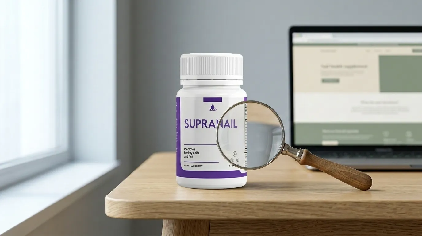 Magnifying glass inspecting a SupraNail supplement bottle, representing an investigation into whether SupraNail is a scam or legitimate nail health product