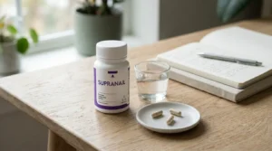 SupraNail supplement capsules beside a glass of water, representing a guide to SupraNail side effects and safety considerations