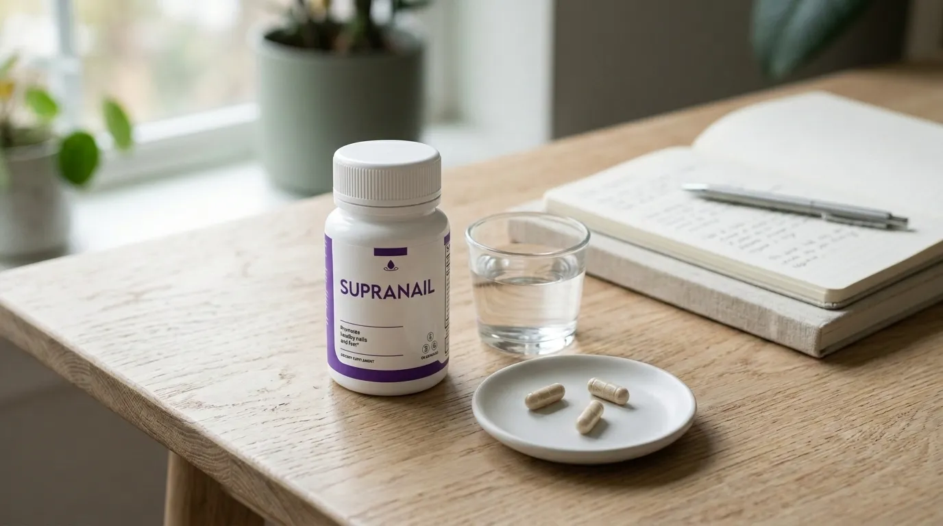 SupraNail supplement capsules beside a glass of water, representing a guide to SupraNail side effects and safety considerations