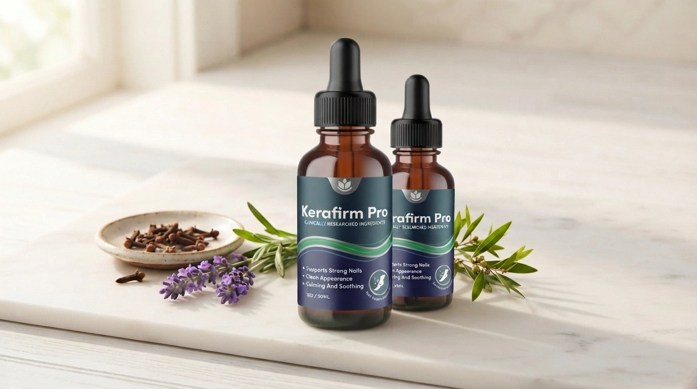 Kerafirm Pro nail applicator bottle displayed with tea tree, lavender, and clove