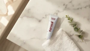 Kerasal Fungal Nail Renewal bottle displayed with nail care accessories