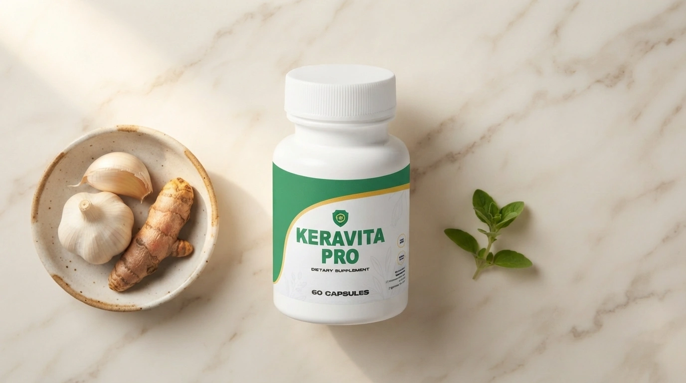 Keravita Pro supplement bottle displayed with garlic and turmeric, key formula ingredients