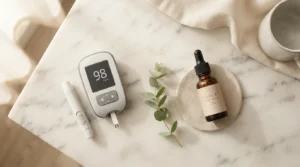 Glucose monitor and nail care items representing the connection between diabetes and yellow toenail changes