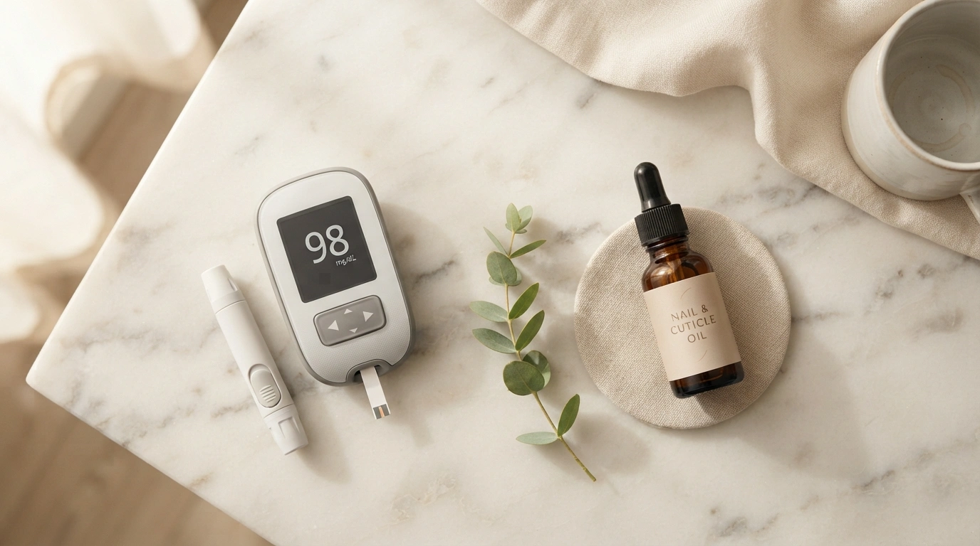 Glucose monitor and nail care items representing the connection between diabetes and yellow toenail changes